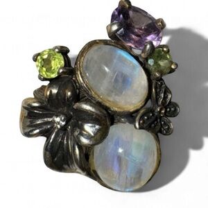 MOONSTONE RAINBOW AMETHYST PERIDOT DIAMOND GOLD AND .925 ORIGINAL CUSTOM RING